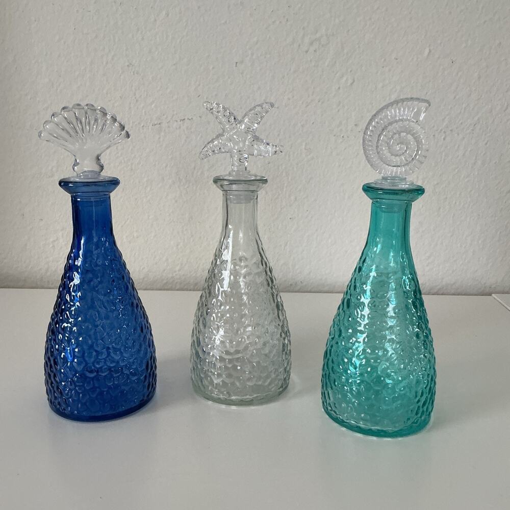 Set of 3 Shore Living Glass Bottles Seashell Starfish Nautical Stoppers Beach